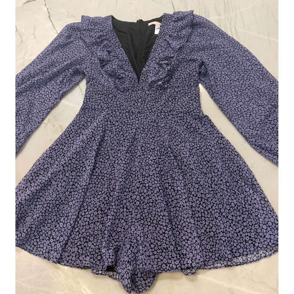 Hutch Anthropologie Purple Ditsy Floral Deep V Romper Small S Long Sleeve Ruffle